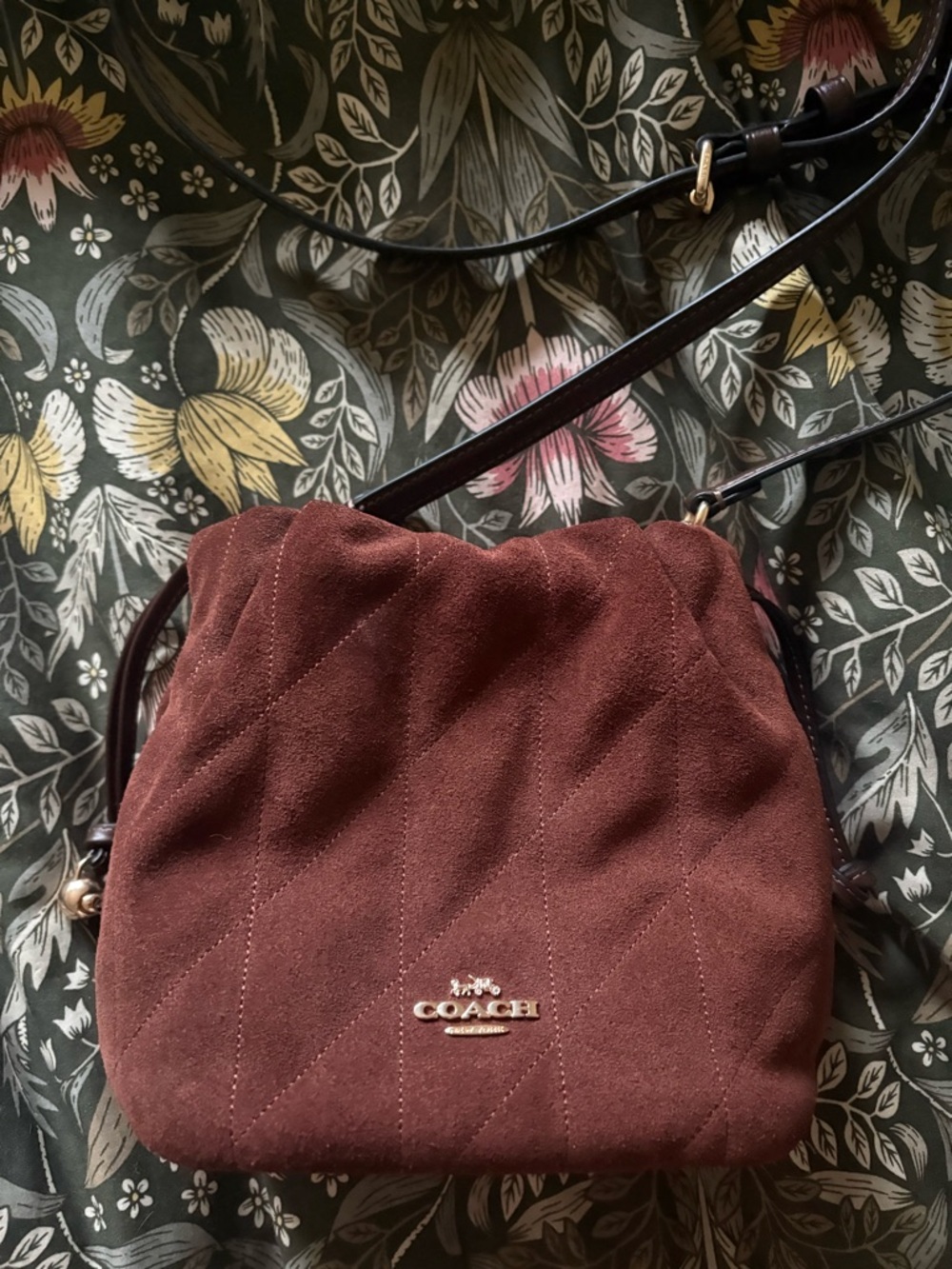 Coach Mini Faye Brown Suede Drawstring Crossbody